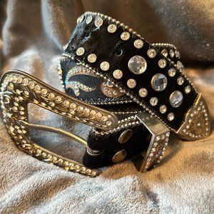 Black Leather Rhinestone Bling Belt Size L